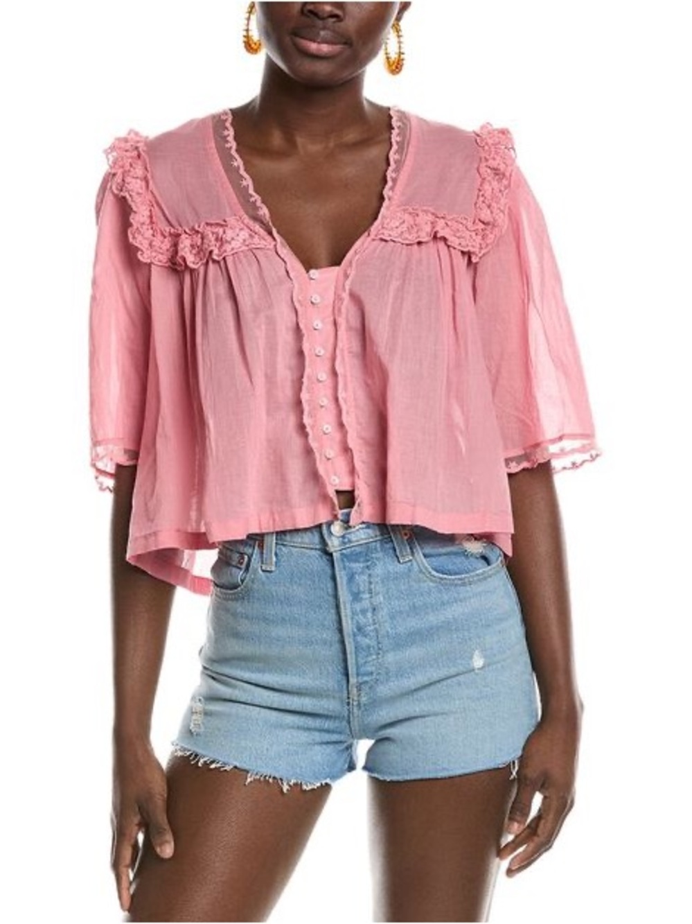 Free People Pink Ruffled Button-Front Crop Blouse